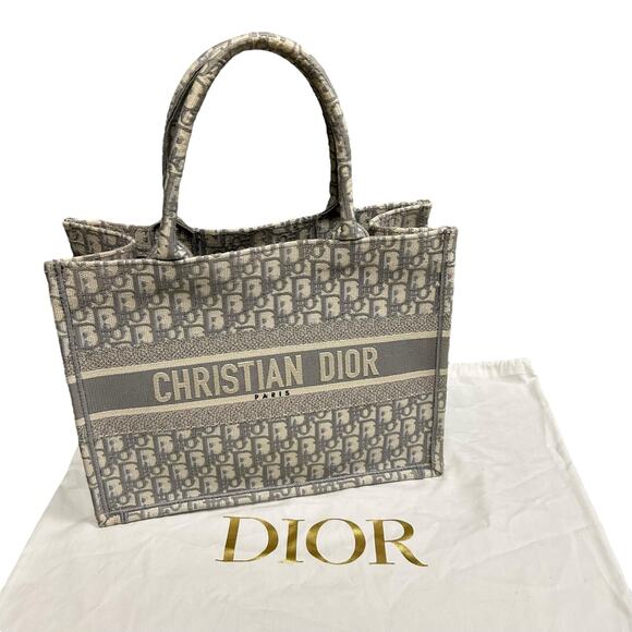 Christian Dior Grey White Oblique Embroidery Double Handle Medium Book Tote - Picture 1 of 12